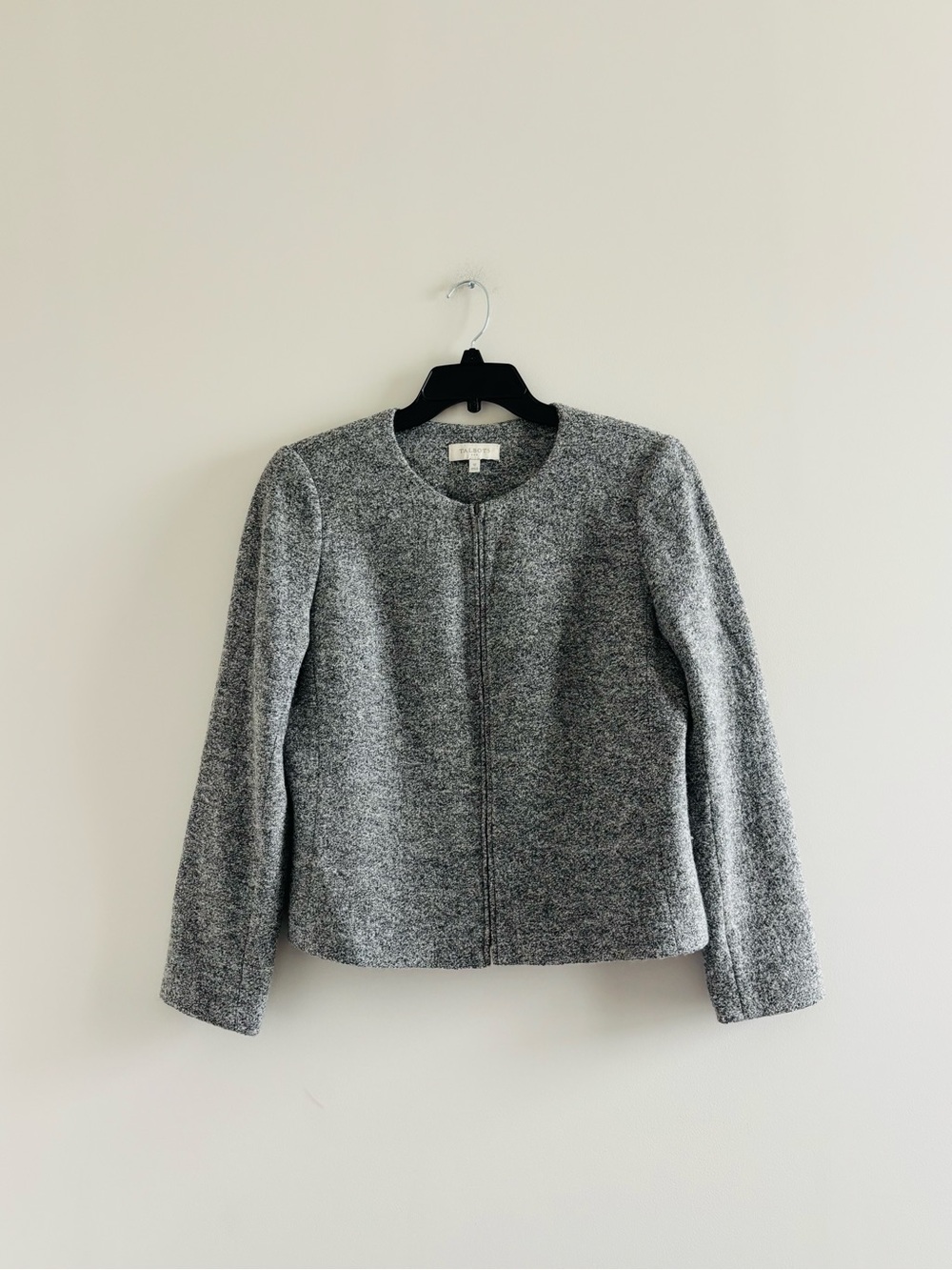Talbots Jacket Gray Marled Tweed Wool Full Zip Collarless Womens 12 Classic